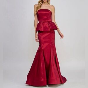 B Darlin Strapless Burgundy Peplum Gown